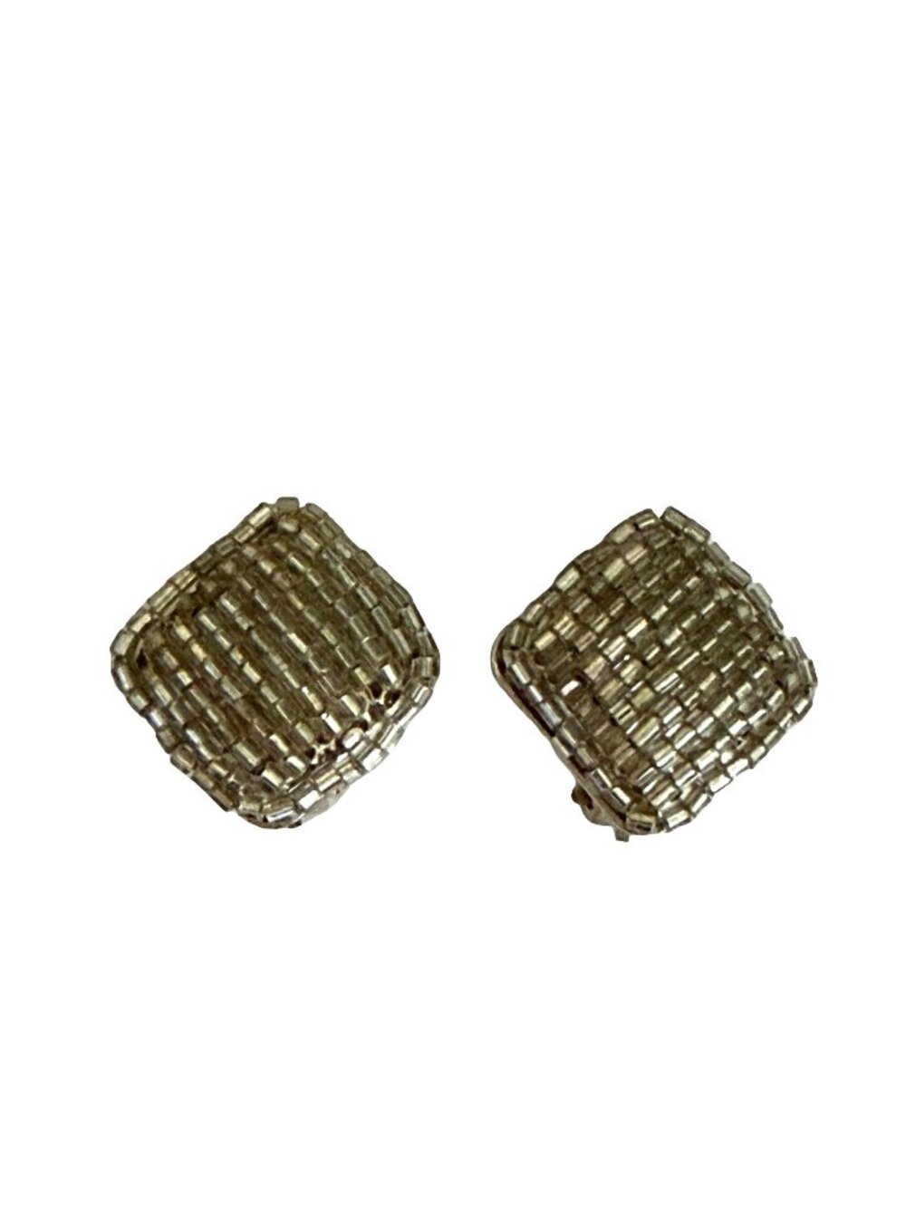 Vintage Silver Tone Beaded Clip On Earrings Textured Square Retro Jewelry